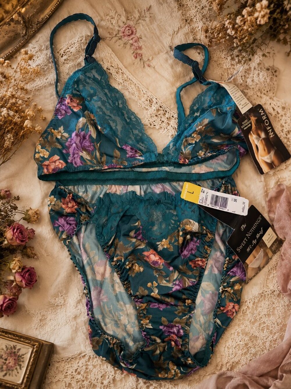 Vtg Maidenform Sweet Nothings Satin Panty Floral Lace Bikini & Bra Size Large 36